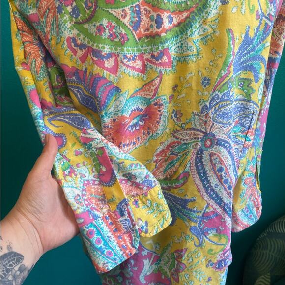 Chaps Classics Linen Blend Bright Paisley Button Up Blouse Women's Large - Picture 5 of 8